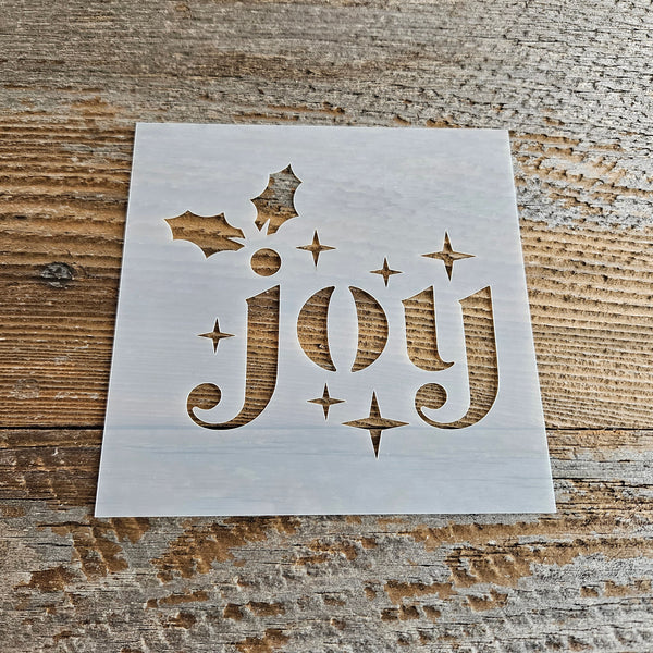 Joy Stencil Reusable Cookie Decorating Craft Painting Windows Signs Mylar Many Sizes Christmas Winter Lower Case with Stars and Holly Leaves