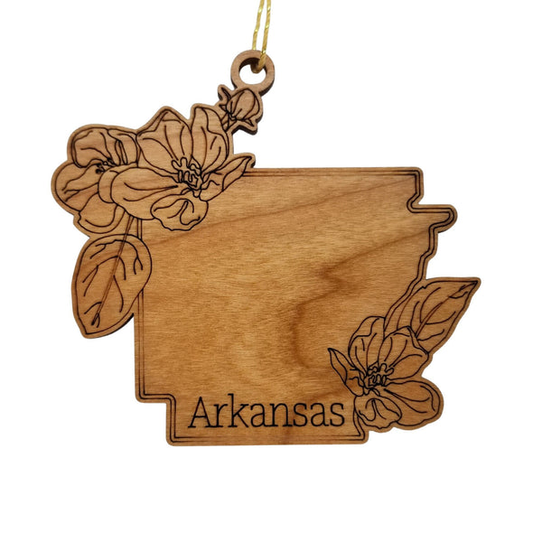Arkansas Wood Ornament -  AR State Shape with State Flowers Apple Blossoms - Handmade Wood Ornament Made in USA Christmas Decor