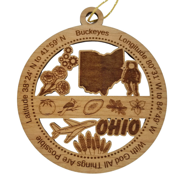 Ohio Wood Ornament - OH Souvenir - Handmade Wood Ornament Made in USA State Shape Jet Plane Cardinal Carnations Tomato Paw Paw
