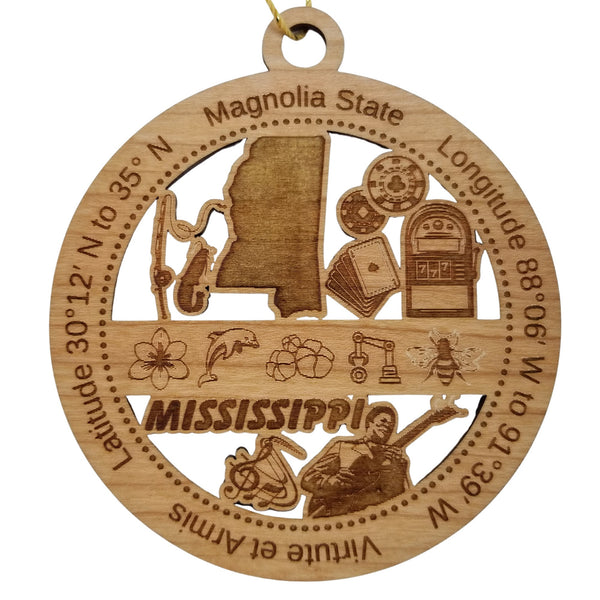 Mississippi Wood Ornament - MS Souvenir - Handmade Wood Ornament Made in USA State Shape Fishing Pole Gambling Slot Machine Cards