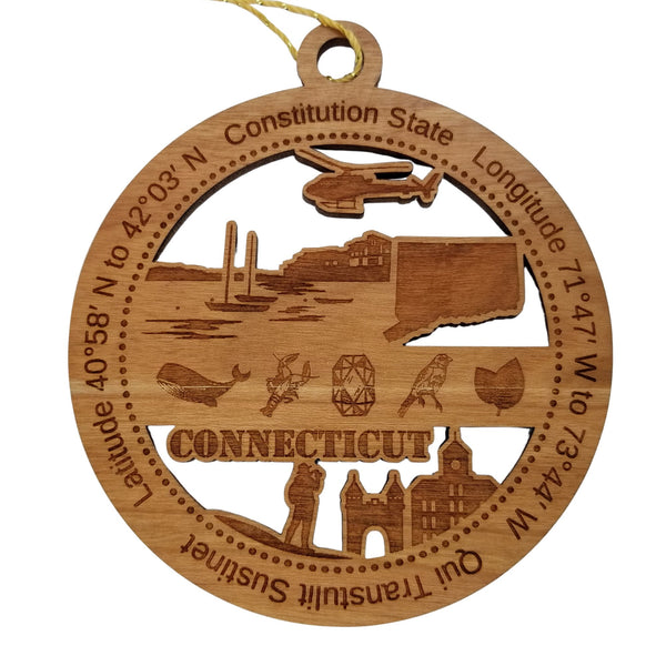 Connecticut Wood Ornament -  CT Souvenir - Handmade Wood Ornament Made in USA State Shape Whale Lobster Helicopter Robin