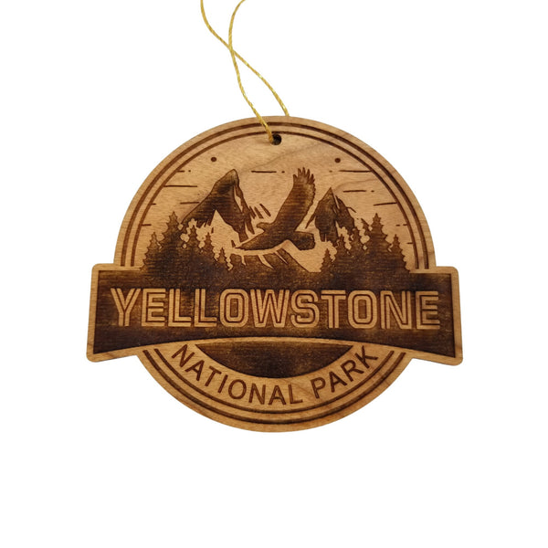 Yellowstone National Park Ornament Eagle Flying Mountains Trees Handmade Wood Souvenir Made in USA Travel Gift 3 Inch Christmas
