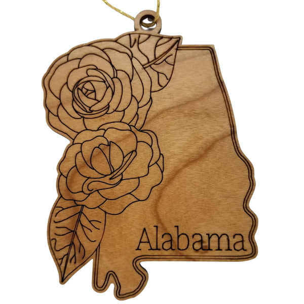 Alabama Wood Ornament -  AL State Shape with State Flowers Camellias - Handmade Wood Ornament Made in USA Christmas Decor
