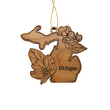 Michigan Wood Ornament -  MI State Shape with State Flowers Apple Blossoms - Handmade Wood Ornament Made in USA Christmas Decor