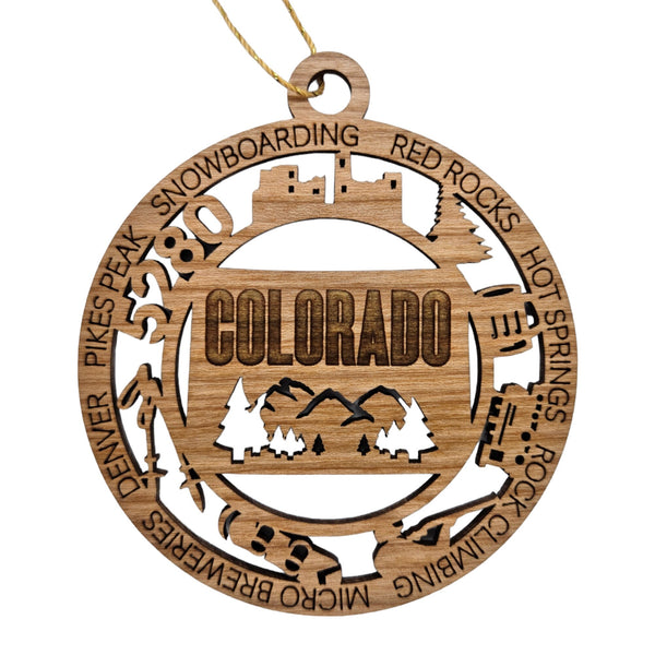Colorado Wood Ornament - CO Souvenir - Handmade Wood Ornament Made in USA State Shape Ski Poles Hunter Blue Spruce Tree Mountains
