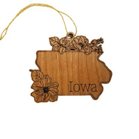 Iowa Wood Ornament -  IA State Shape with State Flowers Prairie Rose - Handmade Wood Ornament Made in USA Christmas Decor