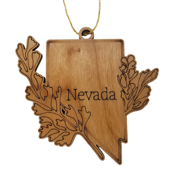 Nevada Wood Ornament -  NV State Shape with State Flowers Big Sagebrush - Handmade Wood Ornament Made in USA Christmas Decor