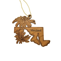Maryland Wood Ornament -  MD State Shape with State Flowers Black Eyed Susan - Handmade Wood Ornament Made in USA Christmas Decor
