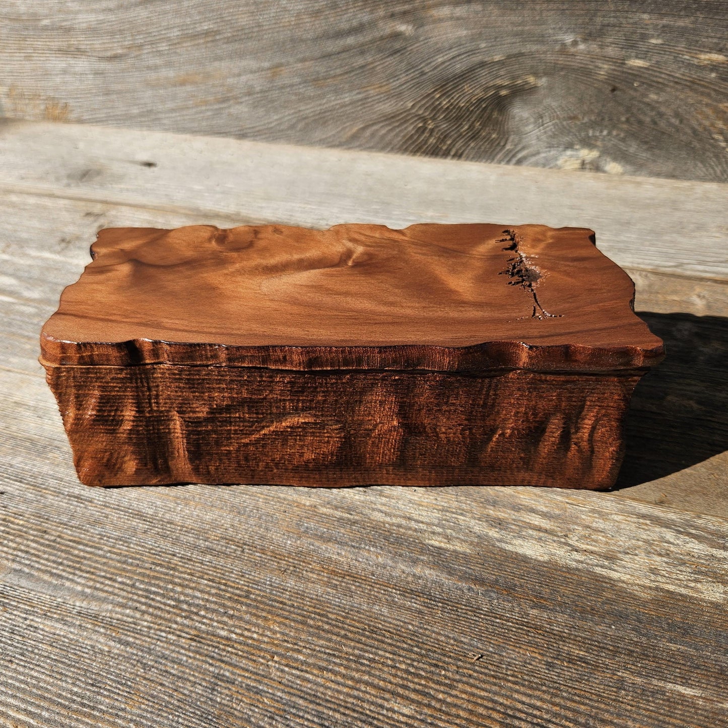 Handmade Wood Box with Redwood Tree Engraved Rustic Handmade Curly Wood #617