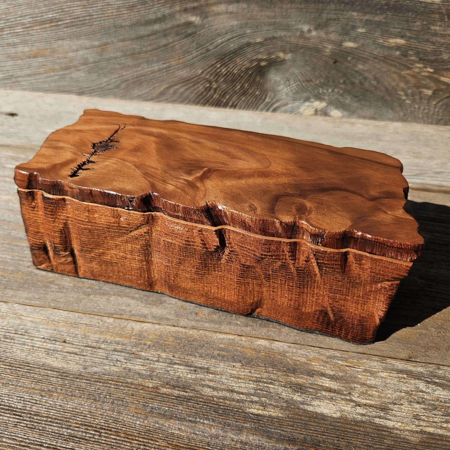 Handmade Wood Box with Redwood Tree Engraved Rustic Handmade Curly Wood #617