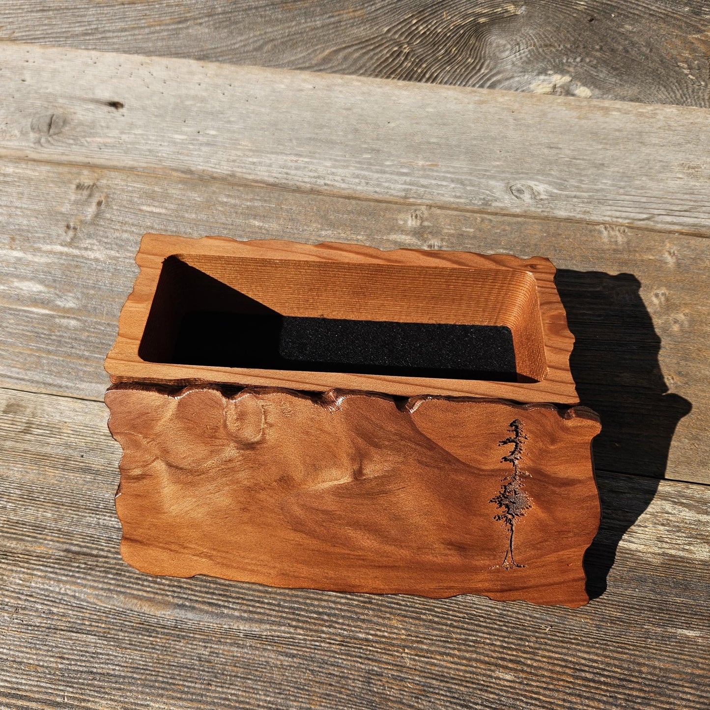 Handmade Wood Box with Redwood Tree Engraved Rustic Handmade Curly Wood #617