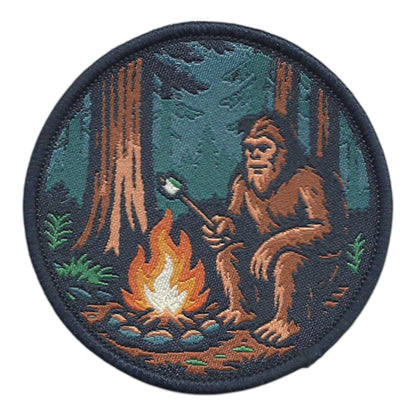 Bigfoot Campfire Roasting Marshmallow in the Woods Patch – Woven Iron On  - 10613