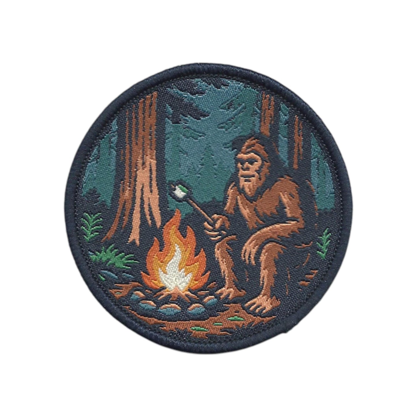 Bigfoot Campfire Roasting Marshmallow in the Woods Patch – Woven Iron On  - 10613