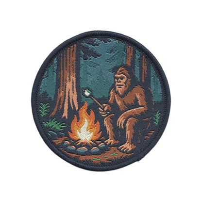 Bigfoot Campfire Roasting Marshmallow in the Woods Patch – Woven Iron On  - 10613