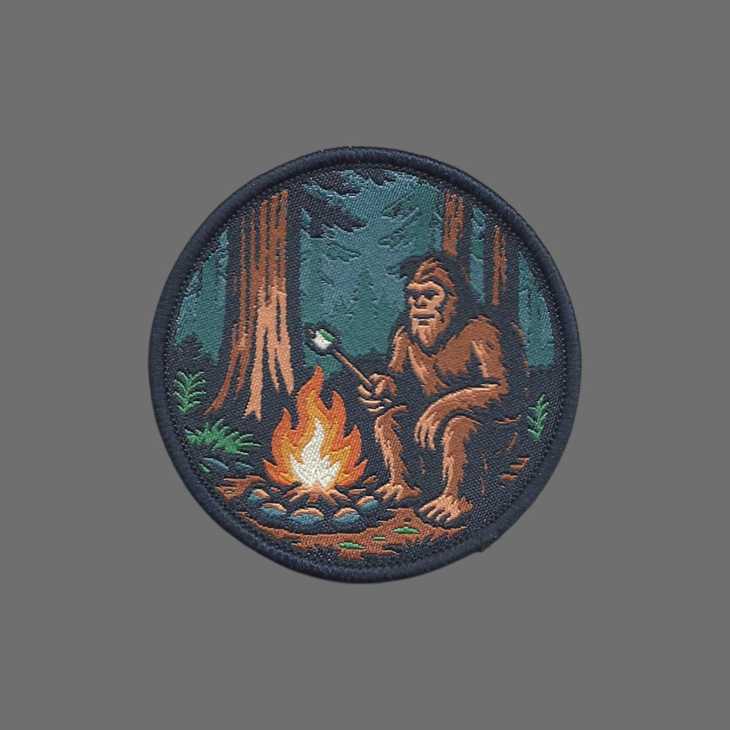 Bigfoot Campfire Roasting Marshmallow in the Woods Patch – Woven Iron On  - 10613