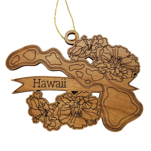 Hawaii Wood Ornament -  HI State Shape with State Flowers Hibiscus - Handmade Wood Ornament Made in USA Christmas Decor
