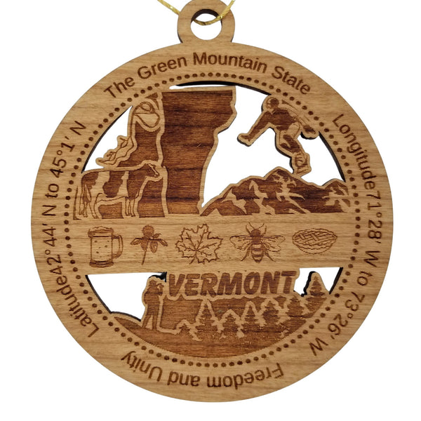 Vermont Wood Ornament - VT Souvenir - Handmade Wood Ornament Made in USA State Shape Cow Snowboarder Bee Pie Beer Stein Maple Leaf