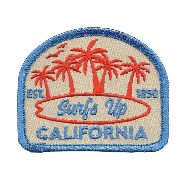 California Patch – Surfs Up Surfboard Surfing Palm Trees – Iron On Souvenir Travel Patch – CA Embellishment or Applique 3″