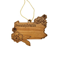 Pennsylvania Wood Ornament -  State Shape with State Flowers Mountain Laurels PA - Handmade Wood Ornament Made in USA Christmas Decor