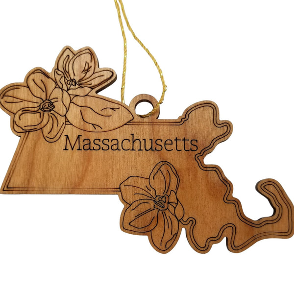 Massachusetts Wood Ornament -  MA State Shape with State Flowers The Mayflower - Handmade Wood Ornament Made in USA Christmas Decor