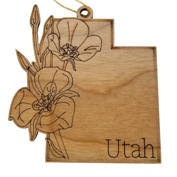 Utah Wood Ornament -  UT State Shape with State Flowers Sego Lily - Handmade Wood Ornament Made in USA Christmas Decor