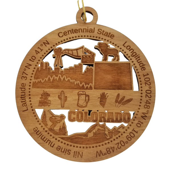 Colorado Wood Ornament - CO Souvenir - Handmade Wood Ornament Made in USA State Shape Movie Clapper City Skyline Trees Downhill Skier