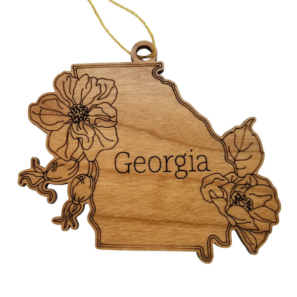 Georgia Wood Ornament -  GA State Shape with State Flowers Cherokee Rose - Handmade Wood Ornament Made in USA Christmas Decor