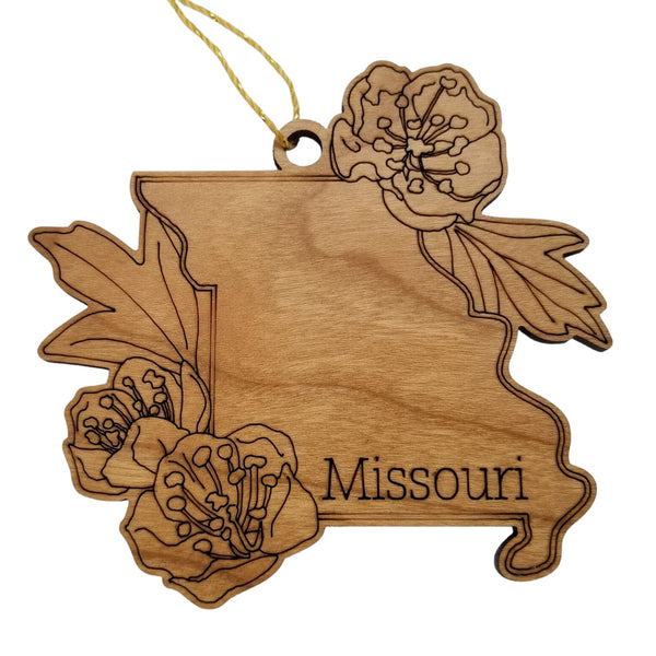 Missouri Wood Ornament -  MO State Shape with State Flowers Hawthorn Blossom - Handmade Wood Ornament Made in USA Christmas Decor