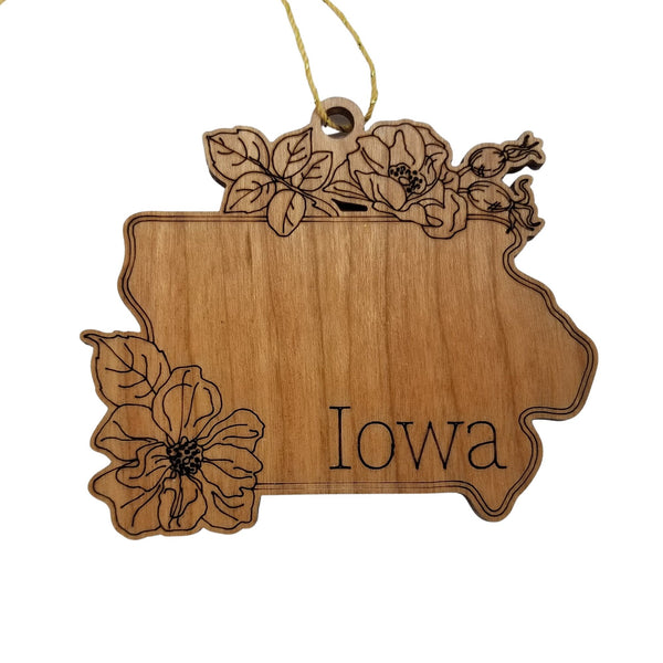 Iowa Wood Ornament -  IA State Shape with State Flowers Prairie Rose - Handmade Wood Ornament Made in USA Christmas Decor