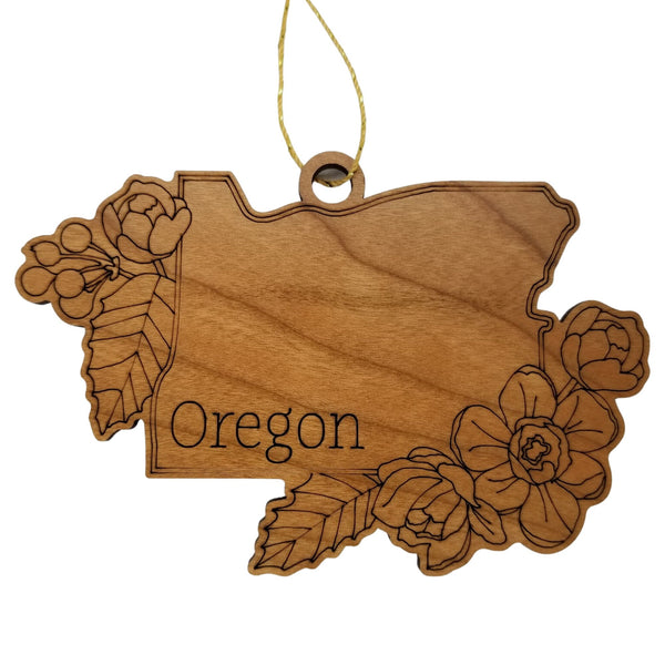 Oregon Wood Ornament -  OR State Shape with State Flowers Cutout - Handmade Wood Ornament Made in USA Christmas Decor