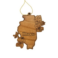 Illinois Wood Ornament -  IL State Shape with State Flowers Common Blue Violets - Handmade Wood Ornament Made in USA Christmas Decor