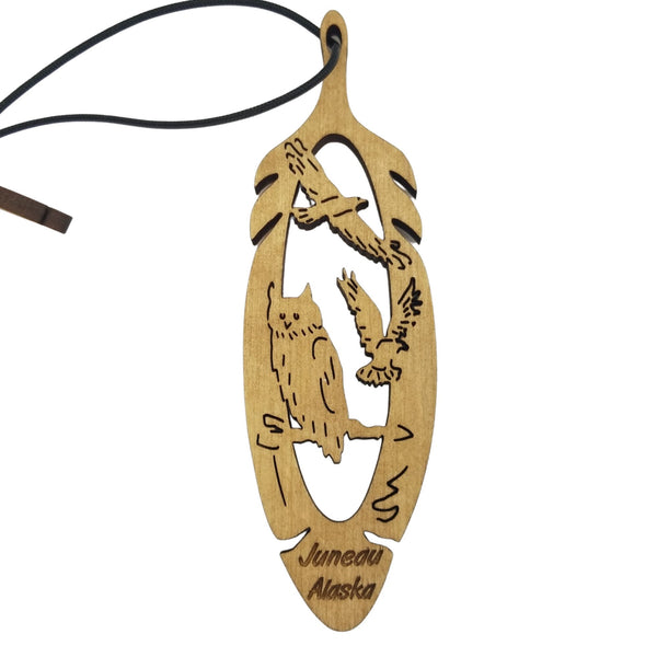 Juneau Alaska Owl and Birds Christmas Ornament Wood Laser Cut Handmade in USA Souvenir Memento Feather 5.375" Travel Gift AK