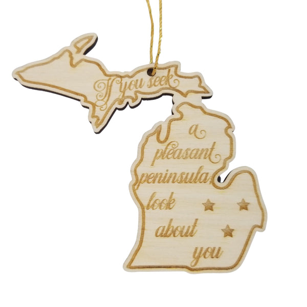 Michigan Wood Ornament -  MI State Shape with State Motto - Handmade Wood Ornament Made in USA Christmas Decor