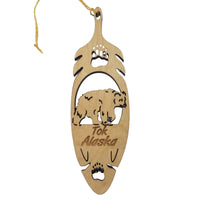 Tok Alaska Bear Christmas Ornament Wood Laser Cut Handmade in USA Souvenir Memento Feather  5.375" Travel Gift Leaf