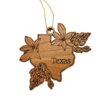 Texas Wood Ornament -  TX State Shape with State Flowers Bluebonnets - Handmade Wood Ornament Made in USA Christmas Decor