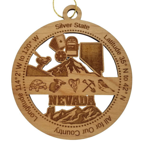 Nevada Wood Ornament - NV Souvenir - Handmade Wood Ornament Made in USA State Shape Downhill Skier Mountains Mining Tools Cards Slot Machine