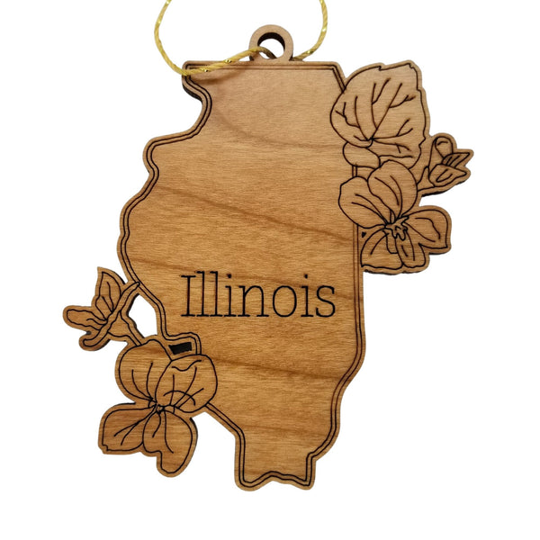 Illinois Wood Ornament -  IL State Shape with State Flowers Common Blue Violets - Handmade Wood Ornament Made in USA Christmas Decor
