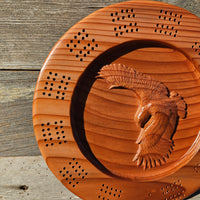 Redwood Round Wood Cribbage Board Carved Eagle Handmade 2 Player USA Card Game California Souvenir #657