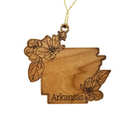 Arkansas Wood Ornament -  AR State Shape with State Flowers Apple Blossoms - Handmade Wood Ornament Made in USA Christmas Decor