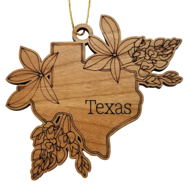 Texas Wood Ornament -  TX State Shape with State Flowers Bluebonnets - Handmade Wood Ornament Made in USA Christmas Decor