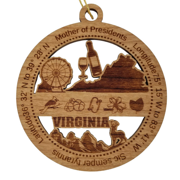 Virginia Wood Ornament -  VA Souvenir - Handmade Wood Ornament Made in USA State Shape Cardinal Fish Hooks Wine Ferris Wheel Mountains Trees
