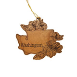 Washington Wood Ornament -  WA State Shape with State Flowers Rhododendron - Handmade Wood Ornament Made in USA Christmas Decor