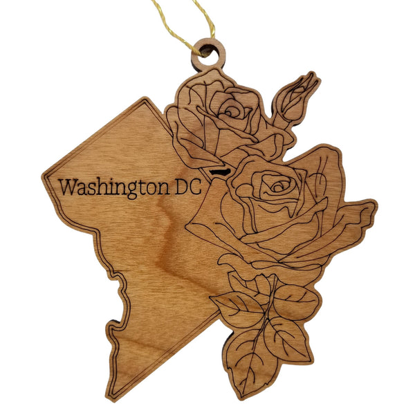 Washington DC Wood Ornament -  DC State Shape with State Flowers American Beauty Rose - Handmade Wood Ornament Made in USA Christmas Decor
