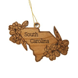 South Carolina Wood Ornament -  SC State Shape with State Flowers Yellow Jessamine - Handmade Wood Ornament Made in USA Christmas Decor