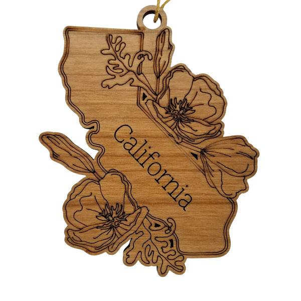 California Wood Ornament -  State Shape with State Flowers Poppies CA - Handmade Wood Ornament Made in USA Christmas Decor