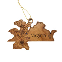 Virginia Wood Ornament -  VA State Shape with State Flowers Cutout - Handmade Wood Ornament Made in USA Christmas Decor