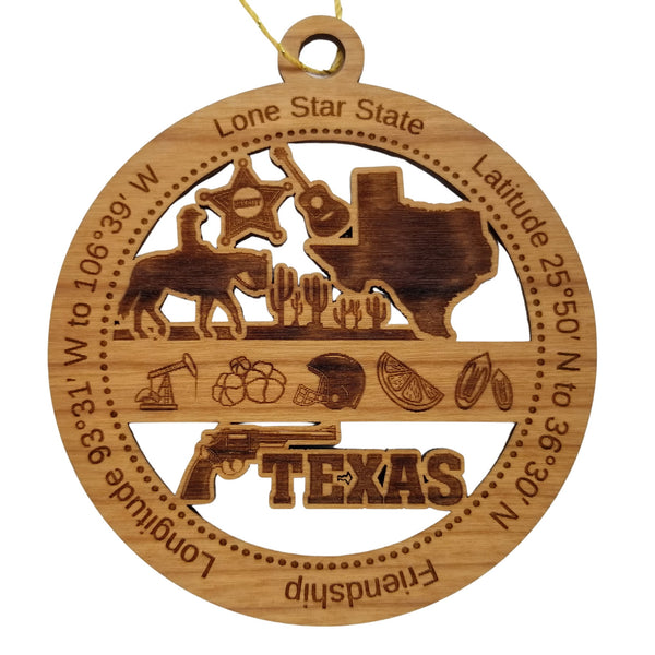 Texas Wood Ornament -  TX Souvenir  - Handmade Wood Ornament Made in USA State Shape Cowboy Horse Guitar Cactus Football Helmet Oil Drill