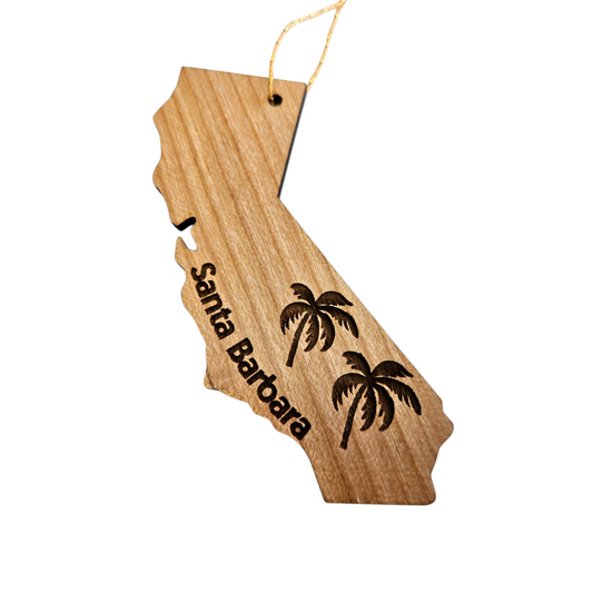 Santa Barbara California Ornament - Handmade Wood Ornament - CA State Shape with Palm Trees 15780