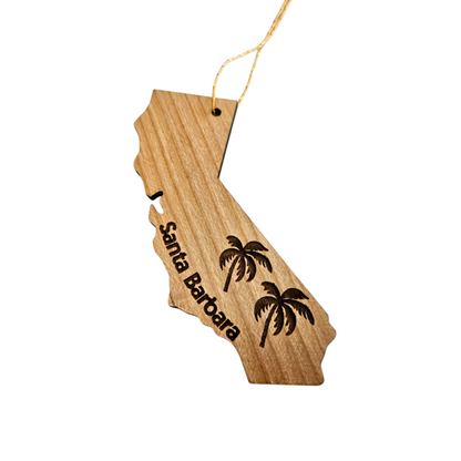 Santa Barbara California Ornament - Handmade Wood Ornament - CA State Shape with Palm Trees 15780