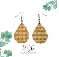 Wood Earrings - Plaid and Dots Pattern Engraved Teardrop Wood Earrings - Dangle Earrings - Gift